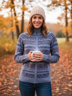 Sherpa Adventure Gear Blue Jaquard Patterned Zip-Up Wool Alpaca Blend Jacket XS